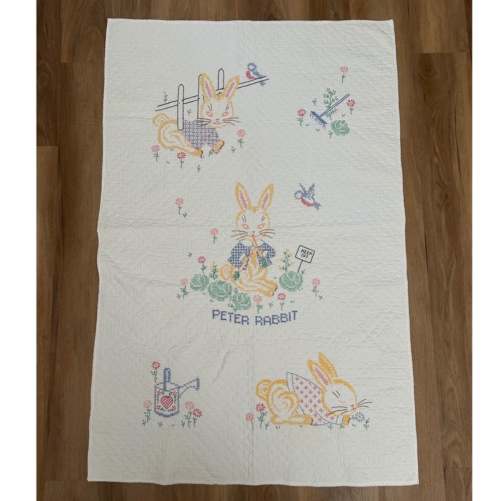 Vintage Peter Rabbit Toddler Blanket Hand embroidered Cross Stitch Quilted White